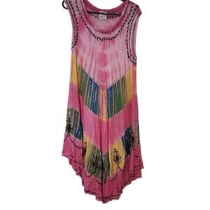 India Boutique Medium Tie Dye DRESS Rayon Floral Embroidered
